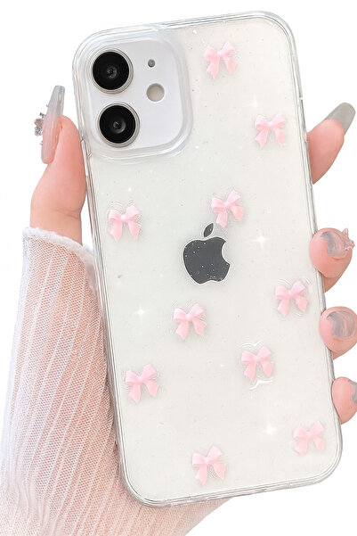 MustCase iPhone 11 Kılıf Pembe Fiyonk Desenli Simli Şeffaf Kılıf Gümüş Kamera...