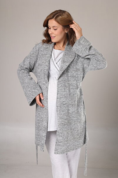 Rimel Homewear Gray Fleece Maternity Pajama Set with Dressing Gown