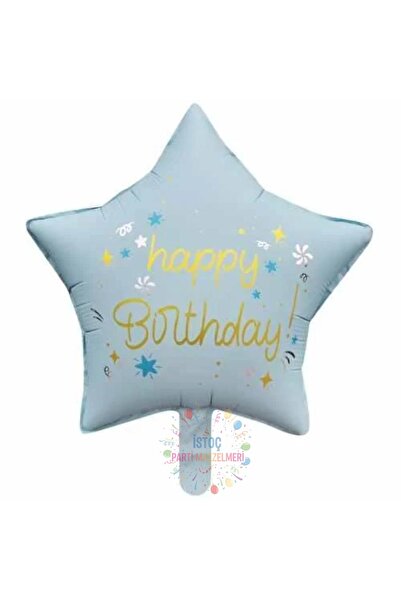 İSTOÇ PARTİ Blue Color Star Foil Balloon with Happy Birthday Written on It