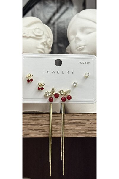 B & S 6’lı Zirkon Kirazlı Sallantılı Çelik Küpe