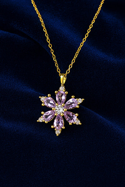 KAR DİAMOND 14 Ayar Altın Zincirli Lila Damla Taşlı Lotus Çiçeği Kolye Sertif...