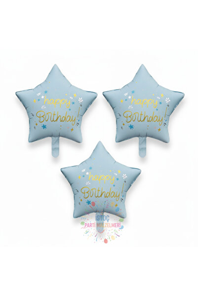 İSTOÇ PARTİ Happy Birthday Written Blue Color Star Foil Balloon 3 Pieces