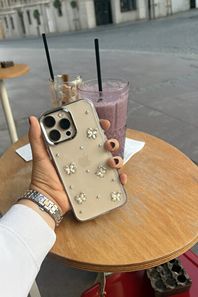MustCase iPhone 15 Pro Max Kılıf Kelebek Desenli Simli Şeffaf Kılıf Gümüş Kam...