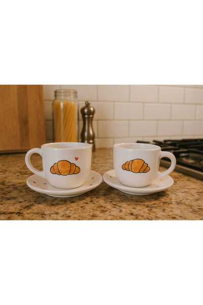 ÖZLEMKAYMAZ Ceramic Kruvasan and Heart Themed Turkish Coffee Cup for Two Peop...