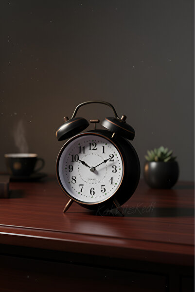 KaktüsKedi Nostaljik Büyük Boy Işıklı Siyah Masa Saati - Metal Çalar Saat