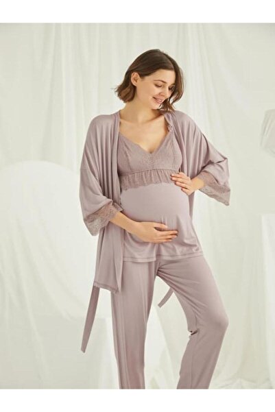 MONAMİSE Kadın, Vizon, %94 Viskon %6 Elastan, Dantelli Hamile / Lohusa 3'lü Pijama Tk.