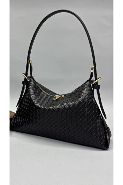themoiss The Moiss Knitted Patterned Black Color Zippered Hand and Shoulder Bag