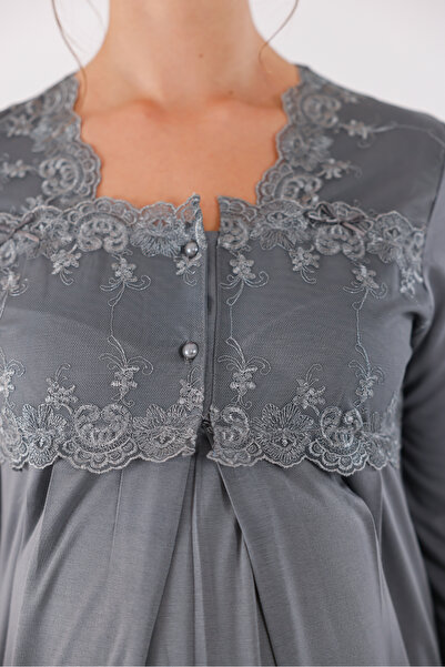 Yulem Homewear Smoked Special Lace Long Sleeve Cotton Maternity Nightgown with Nursing Feature