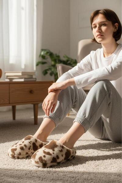 MARKABONİ Kadın Bej Ev Terliği Ses Yapmayan Yumuşak Rahat Taban İçi Yünlü Terlik