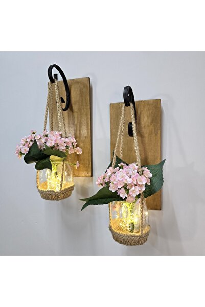 STDEKOR Wall Decor, Led Lighted, Pink Mini Hydrangea Flowers, Oak Sconce Set of Two