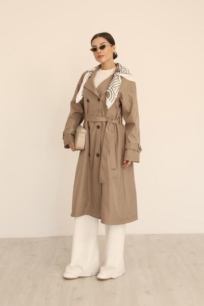 polle Kadın Vizon Fular Detaylı Kuşaklı Uzun Trençkot