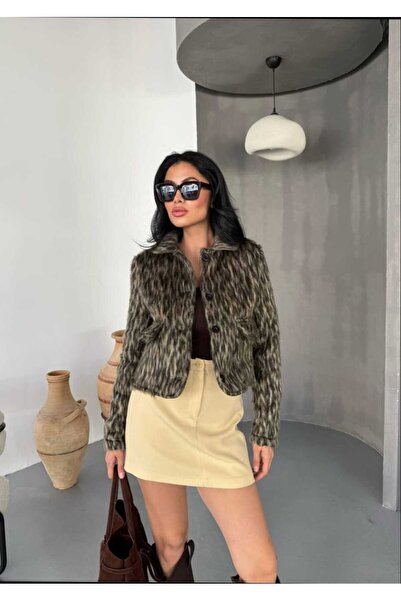 Azra Moda Style Leopard Patterned Lined Fur Jacket Women