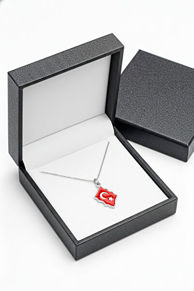 A-STİL TAKI Kadın 925 Ayar Gümüş Zincir Hediye Kutu Türk Bayrağı Ayyıldız Kolye