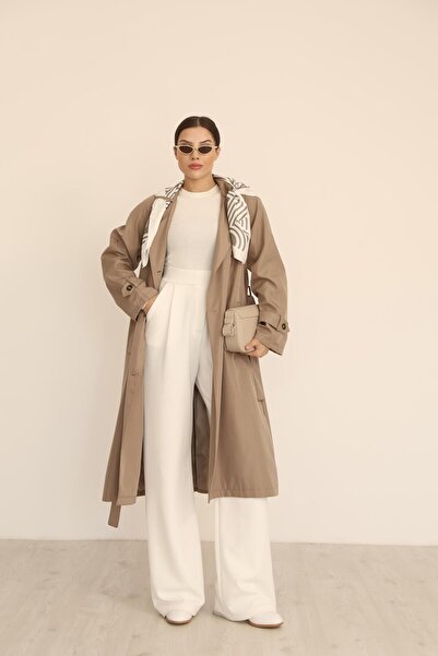 polle Kadın Vizon Fular Detaylı Kuşaklı Uzun Trençkot