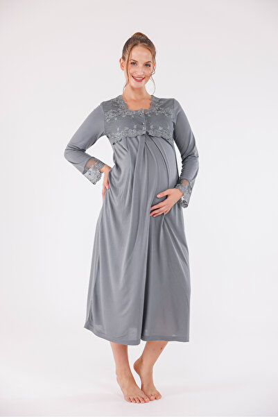 Yulem Homewear Smoked Special Lace Long Sleeve Cotton Maternity Nightgown with Nursing Feature
