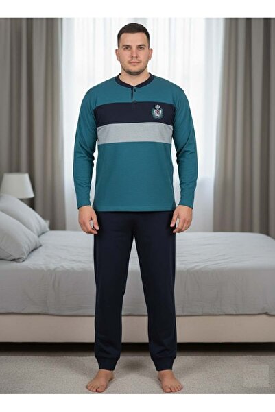 embody Pijama lungă bărbătească din bumbac, bluză verde, pantaloni negri