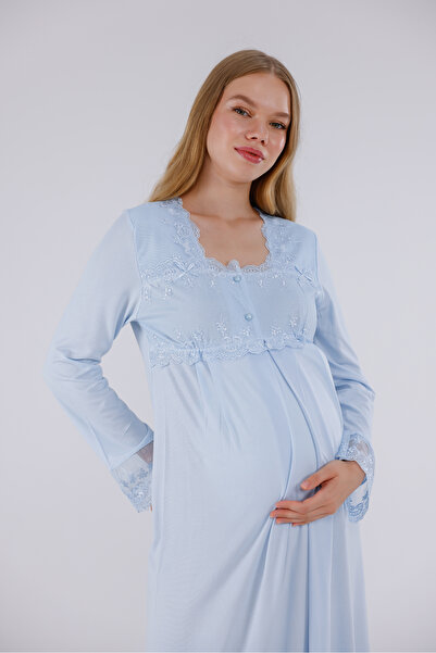 Yulem Homewear Cămașă de noapte pentru maternitate, din bumbac, cu mâneci lungi, cu dantelă specială albastră, cu caracteristică pentru alăptare