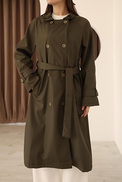 Hazel Kadın Haki Fular Detaylı Kuşaklı Uzun Trençkot
