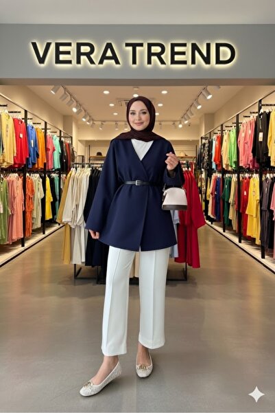 AKSİS Kadın Kemerli Düşük Omuz Astarlı Ceket