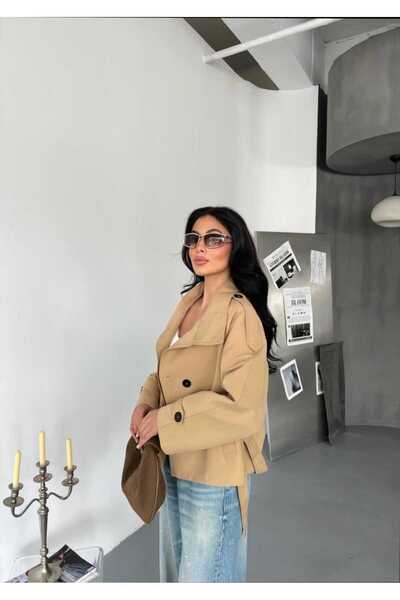 Azra Moda Style Trençkot DikYaka Düğmeli Bağlama Detay Kadın