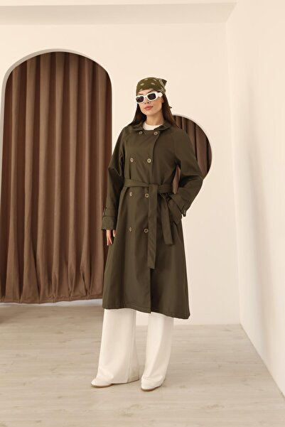 Hazel Kadın Haki Fular Detaylı Kuşaklı Uzun Trençkot