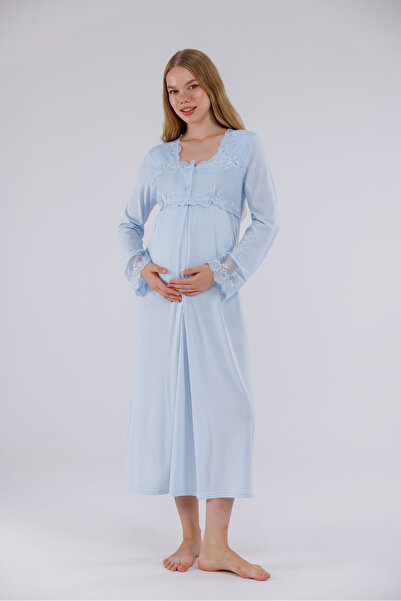 Yulem Homewear Cămașă de noapte pentru maternitate, din bumbac, cu mâneci lungi, cu dantelă specială albastră, cu caracteristică pentru alăptare