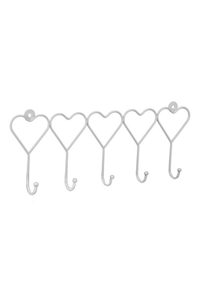 BREZIUM Cuier cu 5 carlige in forma de inima pentru perete, Metal, 38x14 cm, Alb,