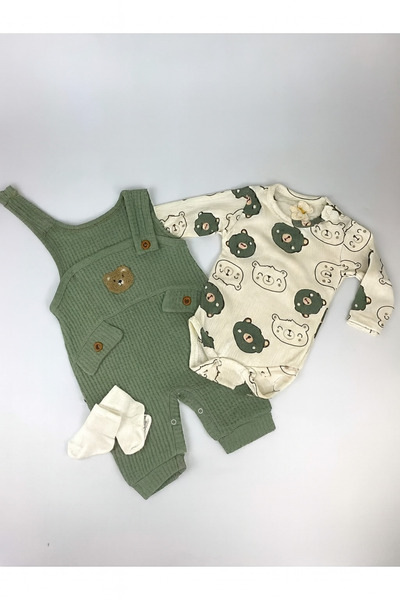 MYZİ STORE Baby Boy 3-Piece Romper Set - Teddy Bear Patterned Romper, Bear Embroidered Salopet and Socks Set, Cotton