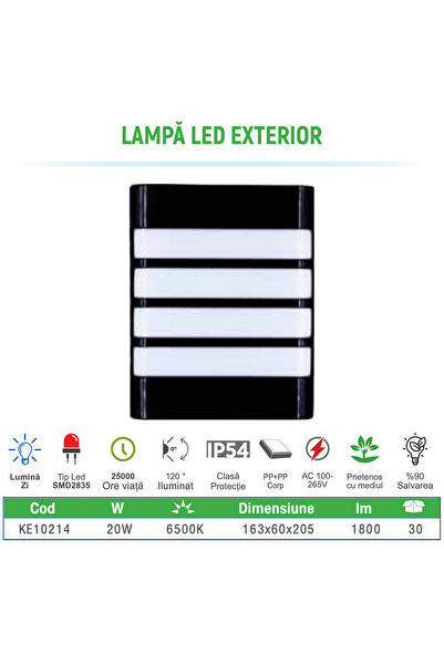 Klaus Lampa Led De Perete 20W 100-265 90Lm/W 163*60*205Mm Pp+Pp Ip54, KE10214 (40)