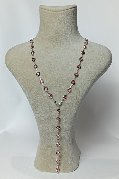 Birmem Kadın Gümüş Rengi Pembe Kalp Taşlı Y Model Çelik Kolye