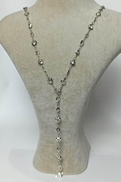 Birmem Kadın Gümüş Rengi Beyaz Zirkon Kalp Taşlı Y Model Çelik Kolye