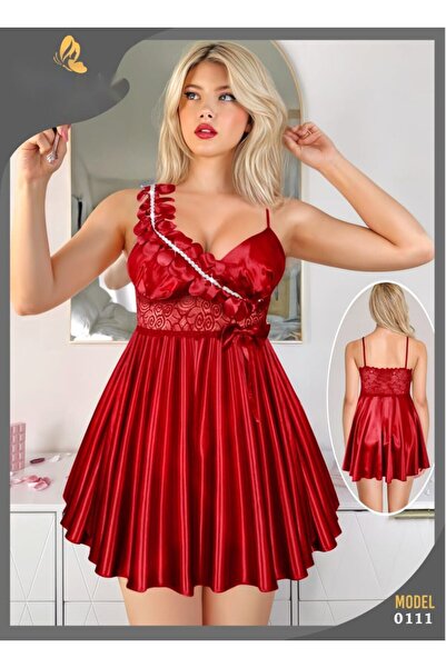 Nice Model Pleated Satin Babydoll Nightgown Women Lace Detail Short Chemise R...