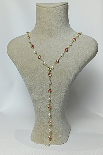 Birmem Kadın Gold Rengi Pembe Kalp Taşlı ve İnci Kalpli Y Model Çelik Kolye