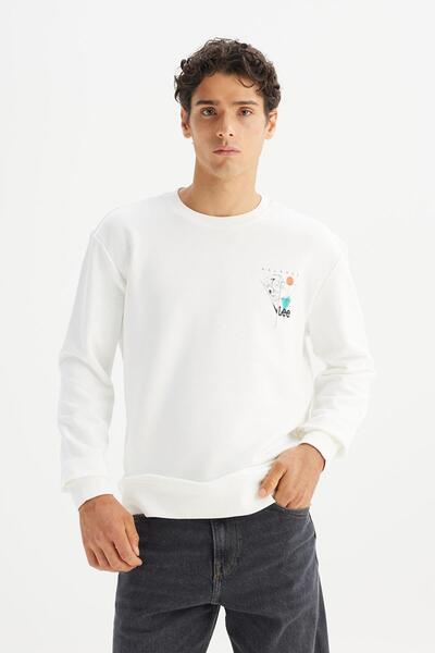 Lee Regular Fit Normal Kesim Bisiklet Yaka Baskılı Kırık Beyaz Sweatshirt