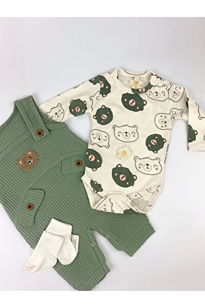 MYZİ STORE Baby Boy 3-Piece Romper Set - Teddy Bear Patterned Romper, Bear Embroidered Salopet and Socks Set, Cotton
