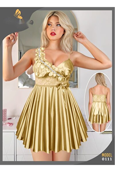 Nice Model Satin Mini Babydoll Lingerie Pleated Nightdress Lace Detail Rose Accent Women Short Sleepwear