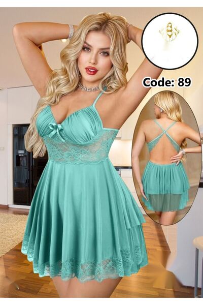 Nice Model Silky Satin Mini Babydoll Nightgown Women Lace Accent Sleepwear with Criss Cross Back Design