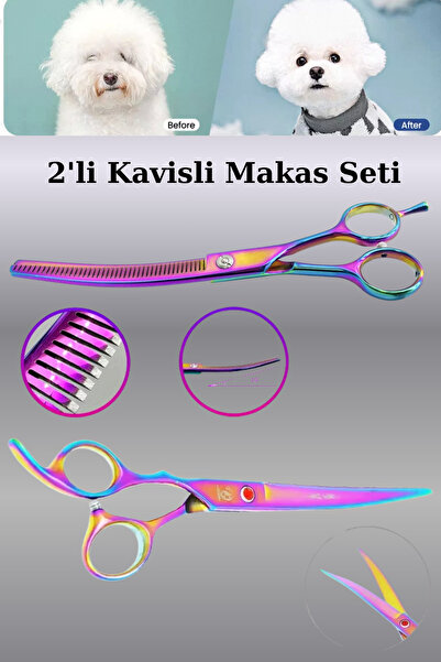 Uni zer 2'li Evcil Hayvan Tıraş Seti Kavisli Düz ve Ara Makas Seti Deri Çanta...
