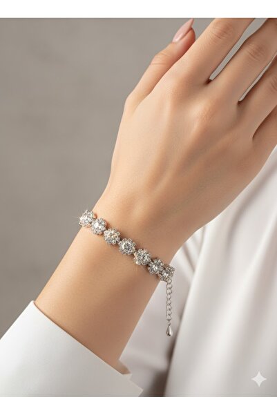 Perle Norie Gümüş Çiçek Tasarım Su Yolu Bileklik - Işıltılı Abiye Takı