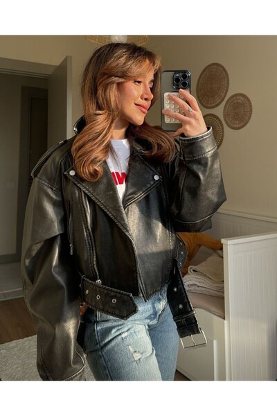 PRİFALDİ FAUX LEATHER CROPPED BIKER JACKET