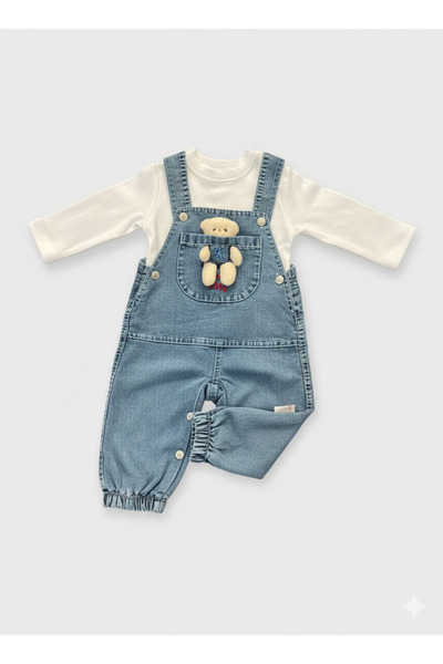 Maxi İdol Unisex Baby Denim 2-Piece Set - Bear Applique Pocket Salopet and White Blouse