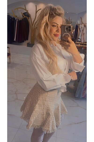 Maison MeDa Kadın tüvit krem kendinden hafif simli kloş premium etek