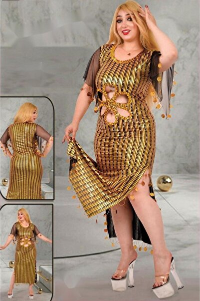 TREN Designer Evening Lingerie Maxi Dress Vertical Sequin Stripes Cut-Out Rose Pattern Gold Accents