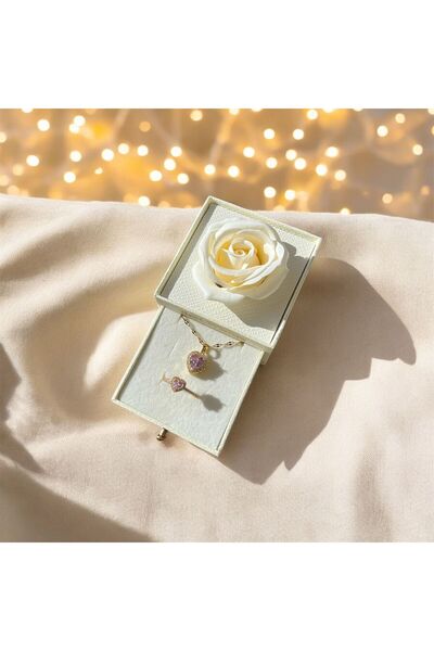 Sarego Best Wishes Zirkon Taş Gold Kalpli Kolye Yüzük Seti Gül Takı Kutusu Krem Kutu Şık ve Anlamlı Hediye