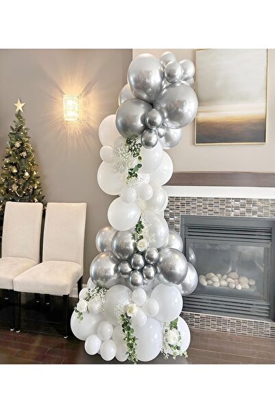 MACK PLUS 10’lu 12 İnç Gümüş Krom & Metalik Beyaz Balon Seti – Helyum Uyumlu,...
