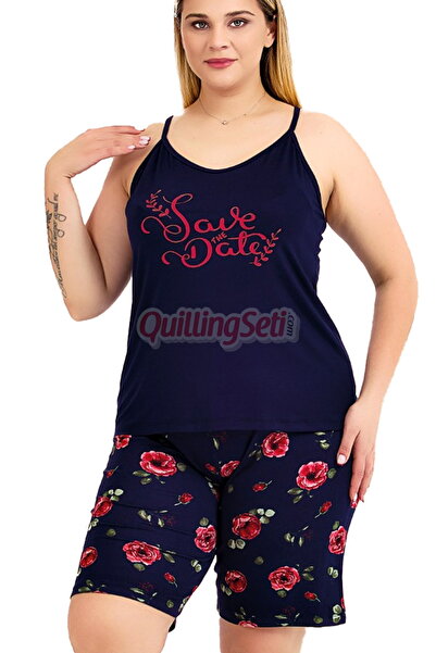 quilling Navy Blue Color Floral Patterned Strap Neck 10443 Plus Size Mother Pajama Set with Shorts
