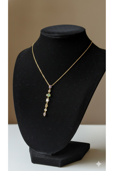 MEEB BİJUTERY GEOMETRİk ŞEKİLLİ RENKLİ TAŞ Y KOLYE 316L KARARMAZ