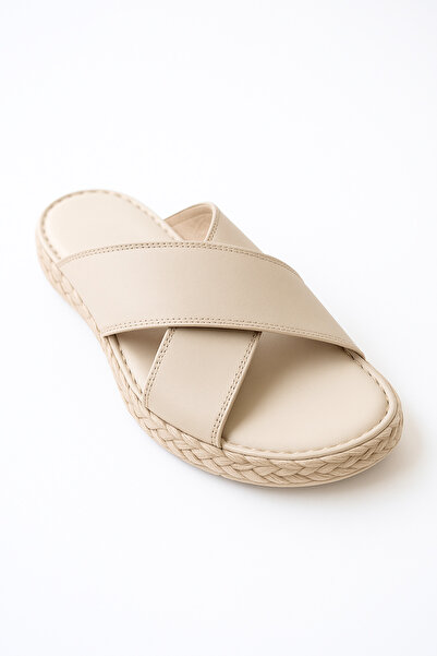 Ekonomik Ayakkabı 100% Genuine Leather Women's Sandals Blue – Comfortable Cross-Strap Casual Summer Model