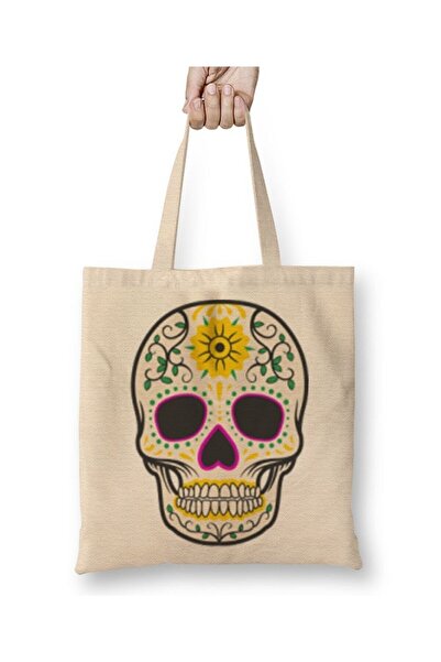 Toyaso Τσάντα αγορών με μοτίβο κρανίου, λευκή υφασμάτινη τσάντα με μακριά λαβ...