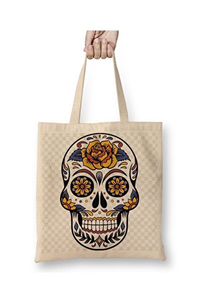 Toyaso Τσάντα με σχέδιο Skull 03 Λευκή υφασμάτινη τσάντα με μακριά λαβή Τσάντ...